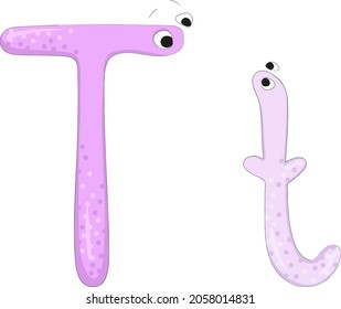 Capital and lowercase letters Tt from the English alphabet in the form of funny and cute cartoon characters of an adult and a baby. Pastel purple colors. Vector illustration