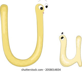 Capital and lowercase letters Uu from the English alphabet in the form of funny and cute cartoon characters of an adult and a baby. Pastel yellow colors. Vector illustration