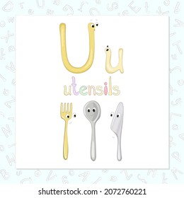 The capital and lowercase letters Uu in the form of cute characters. The word, starting with u, and funny images, which look like kind characters. Sweet home series for the development of imagination