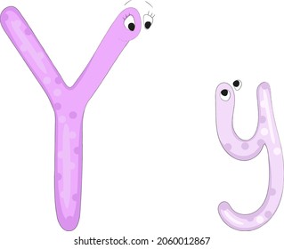 Capital and lowercase letters Yy from the English alphabet in the form of funny and cute cartoon characters of an adult and a baby. Pastel purple colors. Vector illustration