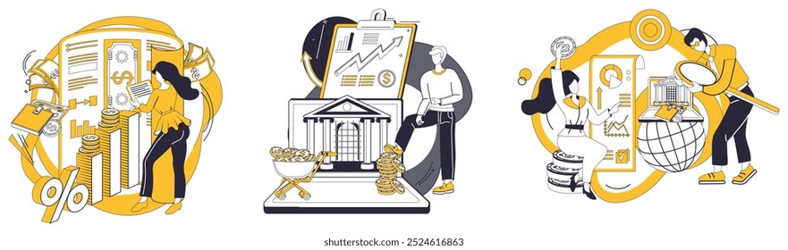 Ilustración vectorial de gestión de capital. Las oportunidades de negocio se convierten en un jardín vibrante cuando se nutren de la gestión eficaz del capital de las manos En la sinfonía económica, la gestión del capital es Formas de ritmo