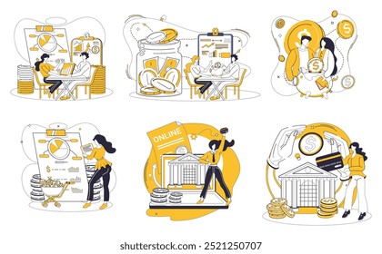 Capital management vector illustration. Navigate financial landscape with compass strategic capital development Success is golden fruit ripening on tree effective capital management