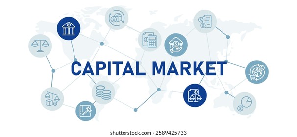 Capital market icon set with illustration government planning investment financial strategy trade balance global connection economy management GDP growth report monetary policy design