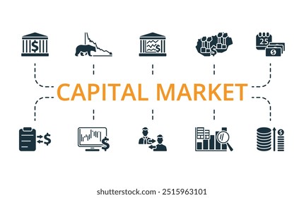 Ícone Mercado de Capital definido. Coleção de ícones simples monocromáticos do Mercado de Capitais. Benefícios, Vitrine, Riscos Comerciais, Margem, Oferta, Recompra, Preços das Ações, Governança Corporativa, Benchmarking por Par