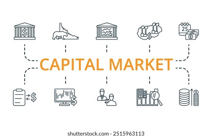 Conjunto de ícones de linha fina do Mercado de Capitais. Coleção de ícones simples monocromáticos do Mercado de Capitais. Benefícios, Vitrine, Riscos Comerciais, Margem, Oferta, Recompra, Preços das Ações, Controle Corporativo, Ponto