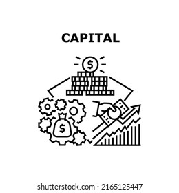 Capital Money Vector Icon Concept. Capital Money Earning And Investment, Working Finance For Passive Income And Growing Fund. Coin And Dollar Banknote Counting And Managing Black Illustration