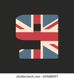 Capital number nine with UK flag texture isolated on black background. Vector illustration. Element for design. Kids alphabet. Great Britain patriotic font.
