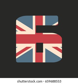 Capital number six with UK flag texture isolated on black background. Vector illustration. Element for design. Kids alphabet. Great Britain patriotic font.