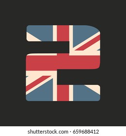 Capital number two with UK flag texture isolated on black background. Vector illustration. Element for design. Kids alphabet. Great Britain patriotic font.