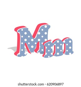 Capital and numeric cute dotted 3d letter M isolated on white background. Vector illustration. Element for design. Kids alphabet.