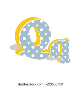 Capital and numeric cute dotted 3d letter Q isolated on white background. Vector illustration. Element for design. Kids alphabet.