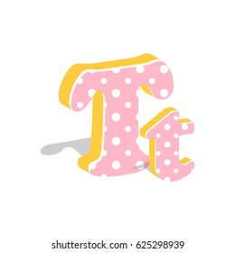Capital and numeric cute dotted 3d letter T isolated on white background. Vector illustration. Element for design. Kids alphabet.