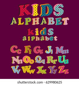 Capital and numeric cute dotted 3d alphabet isolated on purple background. Vector illustration. Element for design. Kids alphabet.