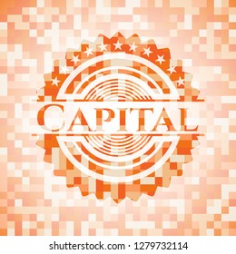 Capital orange tile background illustration. Square geometric mosaic seamless pattern with emblem inside.