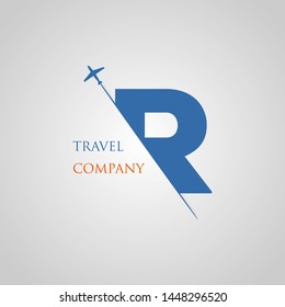 Capital R letter is inserted in the paper slot with the plane slice letter R for travel logo.