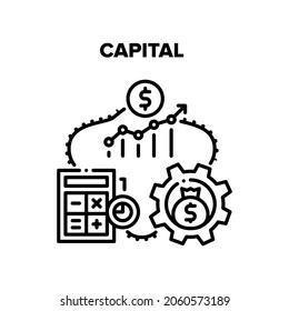 Kapitalbeschaffungskonzept für Vektorsymbol Kapitalbeschaffung, Berechnung und Rechnungslegung, Arbeitsprozess für das Geld- und Wachstumseinkommen. Sparen der Finanzen - Schwarze Illustration
