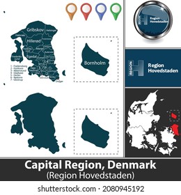 Capital Region with municipalities and location on Danish map. Vector image. There is inscription in original Danish language - Region Hovedstaden