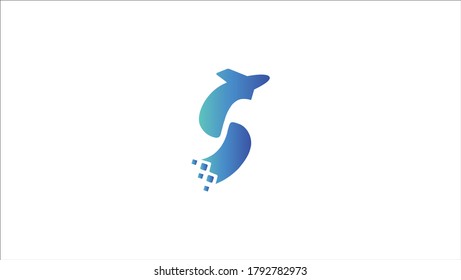 Capital S letter is inserted in the paper slot with the plane slice letter S for travel logo.