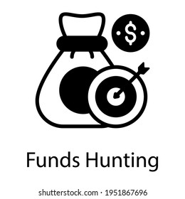 Capital sack with dart arrow, a solid icon of funds hunting 