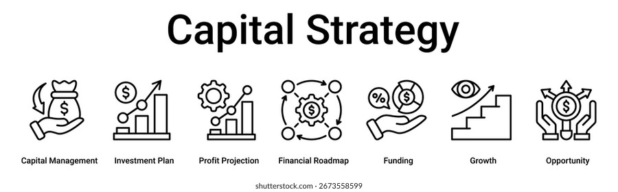 Concepto de Ilustración vectorial de ícono de Web de Anuncio de estrategia de capital para negocios con ícono de gestión de capital, Plan de inversión, proyección de ganancias, hoja de ruta financiera, financiamiento, crecimiento.