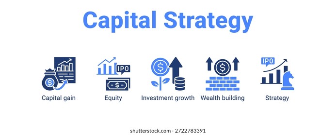 Web Concepto de Ilustración vectorial de ícono de Anuncio de estrategia de capital para con ícono de ganancia de capital, capital, crecimiento de inversión.