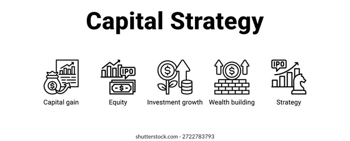 Web Concepto de Ilustración vectorial de ícono de Anuncio de estrategia de capital para con ícono de ganancia de capital, capital, crecimiento de inversión.