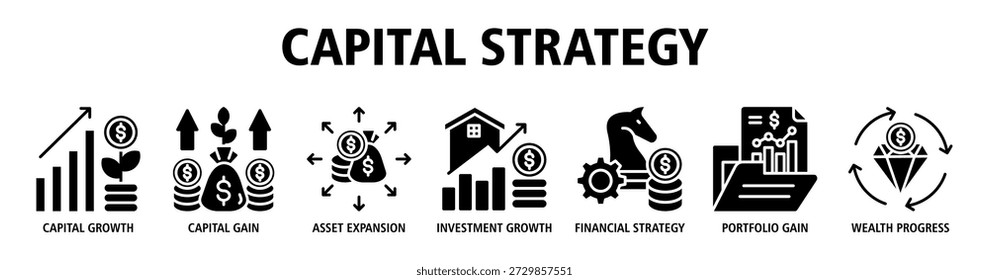 Capital Strategy web banner icon vector illustration concept with icons of capital growth, capital gain, asset expansion, investment growth, financial strategy, portfolio gain, and wealth progress.