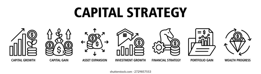 Capital Strategy web banner icon vector illustration concept with icons of capital growth, capital gain, asset expansion, investment growth, financial strategy, portfolio gain, and wealth progress.
