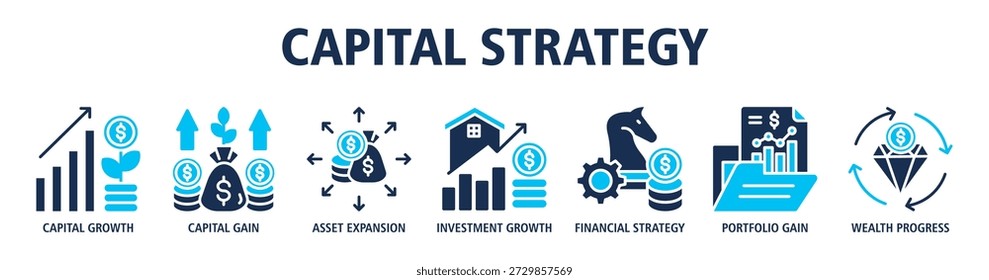 Capital Strategy web banner icon vector illustration concept with icons of capital growth, capital gain, asset expansion, investment growth, financial strategy, portfolio gain, and wealth progress.
