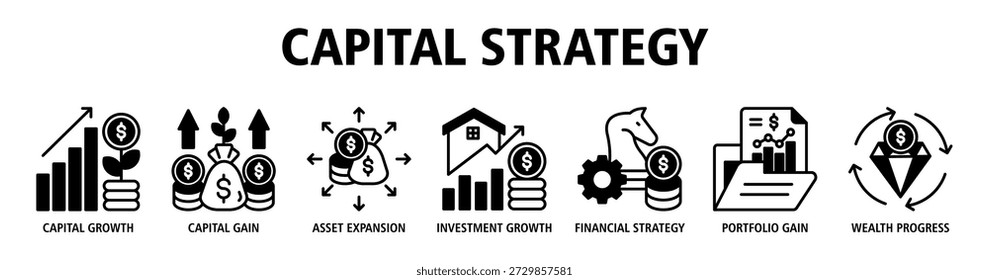 Capital Strategy web banner icon vector illustration concept with icons of capital growth, capital gain, asset expansion, investment growth, financial strategy, portfolio gain, and wealth progress.