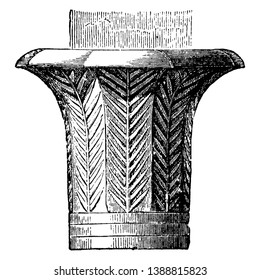 Capital in the Temple at Edfu, immense variety, palm tree, smooth slender shaft, neck-moulding of several rings, vintage line drawing or engraving illustration.