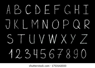 capital thin handwritten white chalk letters and numbers isolation on black background, hand-drawn chalk font on school blackboard, stock vector illustration