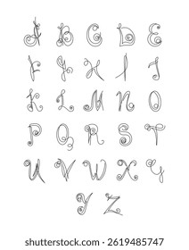 Capital typeface alphabet calligraphy letters set text font. Isolated vector illustration. 