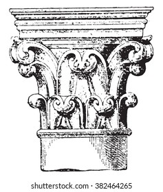 Capital (xii Century), one of the columns of the choir of Notre-Dame de Paris, vintage engraved illustration. Dictionary of words and things - Larive and Fleury - 1895. 