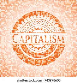 Capitalism abstract orange mosaic emblem with background