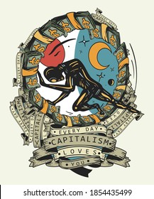 Capitalism art. Hamster wheel, mortgages, loans, taxes. Hard life. Traditional tattooing style. T-shirt design  