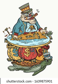 Capitalism art. Rich greedy capitalist on a mountain of golden coins. Concept of global financial system. Evil businessman and money. Caricature. Corruption and bureaucracy. Old school tattoo style 