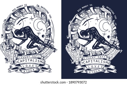 Capitalism art. Taxes concept. Hamster wheel, mortgages, loans. Hard life. Traditional tattooing style. T-shirt design One color vector illustration