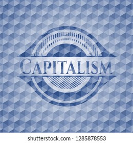 Capitalism blue badge with geometric pattern.