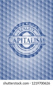 Capitalism blue emblem with geometric pattern background.