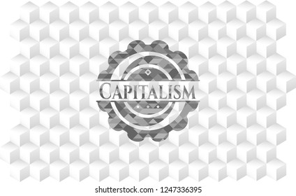 Capitalism grey badge with geometric cube white background