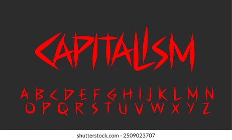 Kapitalismus, Lettering Vektor dekorative Schriftart und Grunge-Stil Gothic blutig, spiky Print Designs Y2k Schriftkonzept für Bekleidung Print Design