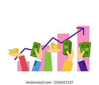 El capitalismo, muchas manos con dinero y dinero por encima de eso tratando de ser más y más dinero. Ilustración plana de color simple de Vector.