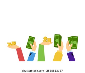 Capitalism, many hands with money. Vector simple color flat illustration.