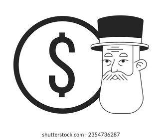 Capitalism money bw concept vector spot illustration. Rich man 2D cartoon flat line monochromatic character on white for web UI design. Editable isolated color hero image