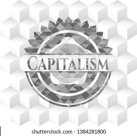 Capitalism realistic grey emblem with cube white background