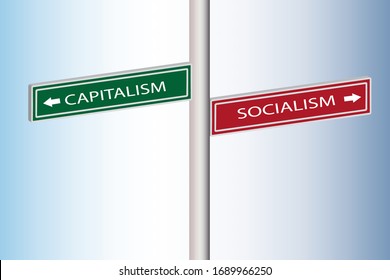 Capitalism and Socialism direction arrow boards. Green and red signboard vector illustration design.