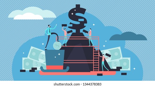 Capitalism Vector Illustration. Flat Tiny Economic System Persons Concept. State Ideology Based On Financial Money, Profit And Market From Private Ownership. Symbolic Wealth Priority From Labor Work.