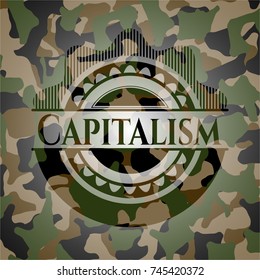 Capitalism written on a camouflage texture