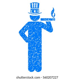 Capitalist grainy textured icon for overlay watermark stamps. Flat symbol with dirty texture. Dotted vector blue ink rubber seal stamp with grunge design on a white background.
